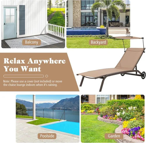 Vista 9 de Tangkula Tumbona para patio, reclinable al aire libre con ruedas, toldo ajustable y portavasos, respaldo de 6 niveles, tumbona reclinable de metal