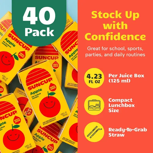 Vista 5 de SunCup Juice - Jugo de manzana (paquete de 40) Caja de jugo de 4.23 onzas con pajita, mezcla de manzana sin azúcar añadida para niños, paquete a