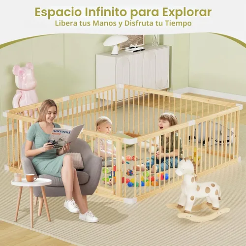 Vista 6 de Corralito grande de madera para bebés, puerta ajustable para niños pequeños y bebés, valla resistente, patio de juegos para bebés con puerta, área