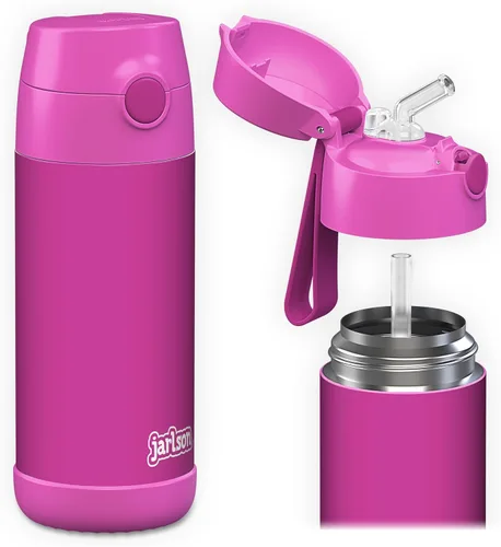 Vista 26 de Jarlson® CHARLI - Botella de agua para niños [12 onzas], botella térmica de acero inoxidable con pajilla, botella de agua aislada a prueba