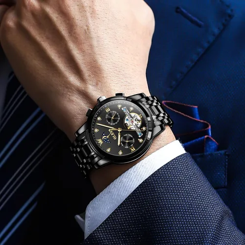 Vista 5 de OLEVS Relojes automáticos para hombre, impermeable, vestido de lujo, cuerda automática, esqueleto mecánico, tourbillon, fase lunar, acero