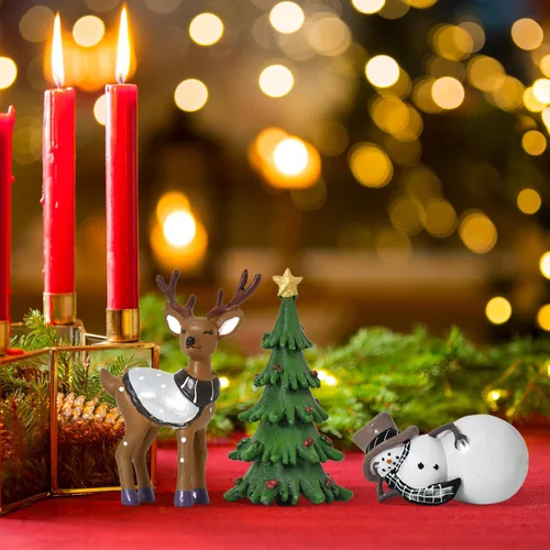 Vista 5 de Smile - Decoración navideña para interiores, juego de 3 figuras pequeñas de resina, muñeco de nieve, árbol de Navidad y reno, decoración navideña