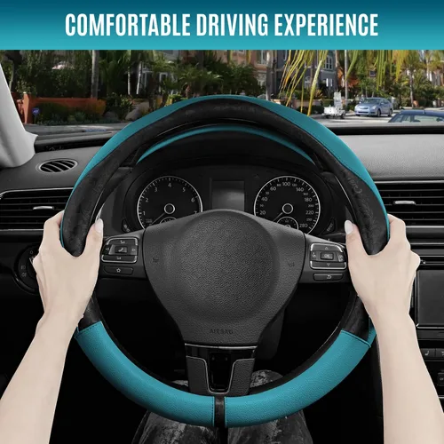 Vista 5 de PIC AUTO Funda para volante, diseño de retazos de cuero negro estampado y azul, ajuste universal de 14.5 a 15.5 pulgadas, antideslizante, sin olor