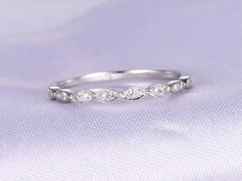 Vista 2 de Diamantes naturales, anillo de boda de media eternidad, oro blanco sólido de 14 quilates, anillo de aniversario, estilo marquesa Art Deco