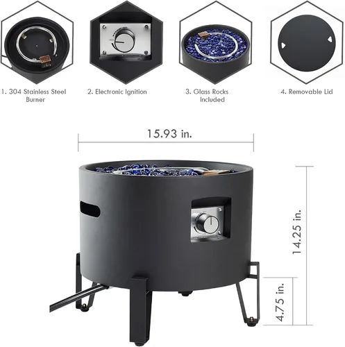 Vista 5 de BAIDE HOME Fogata de propano portátil para campamento RV de 50,000 BTU, redonda, 15 pulgadas de alto x 16 pulgadas de ancho, hoguera portátil de gas