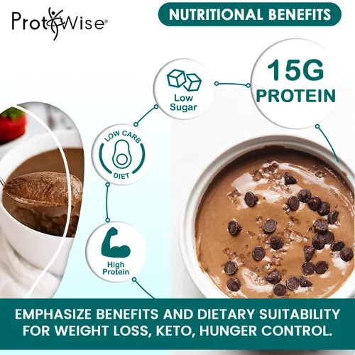 Vista 3 de ProtiWise Batido y pudín alto en proteínas 0.55 onzas de proteína, baja en grasa, baja en calorías, baja en azúcar Dieta KETO sin gluten