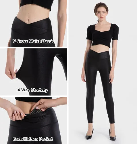 Vista 5 de HARTPOR Leggings de piel sintética para mujer, elásticos, de cintura alta, brillantes, pantalones de cuero, leggings de piel de piel sintética
