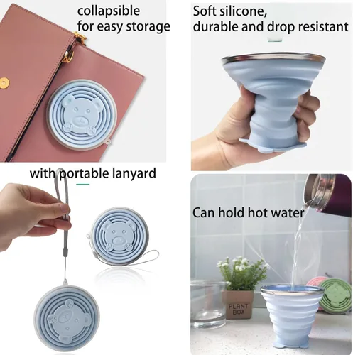 Vista 4 de Vaso de viaje plegable de silicona, paquete de 2 vasos de agua plegables reutilizables con tapa y cordón, silicona de grado alimenticio sin BPA