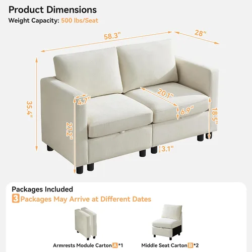 Vista 2 de WUTUTUEE Sofá biplaza modular de 58 pulgadas, sofá biplaza moderno de 2 plazas con almacenamiento, sofá modular de felpilla para sala de estar, Beige