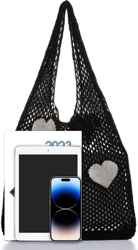 Vista 6 de Ovida Bolso de mano de ganchillo de malla, bolsa de playa Fairycore, bolso hobo de hadas, estilo grunge, bolso estético Y2K para mujeres y niñas
