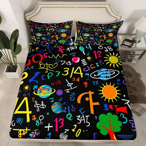 Vista 13 de Juego de ropa de cama ajustable con fórmula informática para niños y niños, diseño de geometría de acuarela, números, fórmula matemática, juego