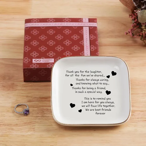 Vista 4 de Plato para anillos o abalorios con citas de amistad para mujer ideal como regalo único de cumpleaños o jubilación para mujeres.