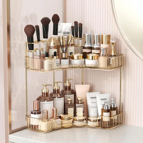 Vista 9 de BEFSOP Organizador de esquina para mostrador de baño, organizador de maquillaje mejorado de 2 niveles con soporte para brochas de maquillaje