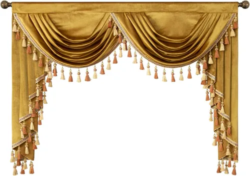 Vista 26 de VOGOL Cenefa de cortinas de terciopelo grueso para dormitorio, cenefas de cascada de lujo con aislamiento térmico dorado para sala de estar formal