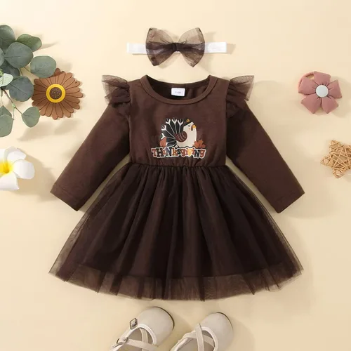 Vista 2 de Vestido de Acción de Gracias para niña pequeña vestido de manga larga con volantes vestido de tul de pavo con diadema