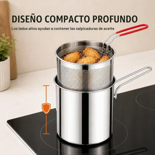 Vista 4 de Nueva olla de freidora de acero inoxidable 304 con cesta y asa (3 piezas)
