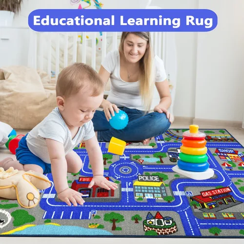 Vista 5 de Capslpad Alfombra Educativa para Niños Alfombra de Juego 5.2'x3.3' Alfombra de Carretera de Tráfico para Juegos de Coches para Niños Alfombra Grande