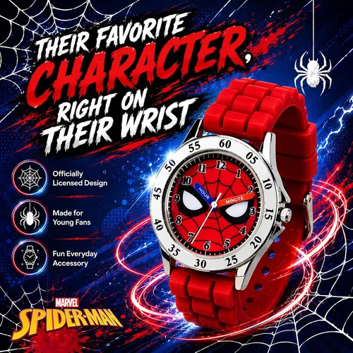 Vista 2 de Spiderman Time Teacher - Reloj para niños, correa de silicona roja, esfera fácil de leer, resistente al agua, con lata especial