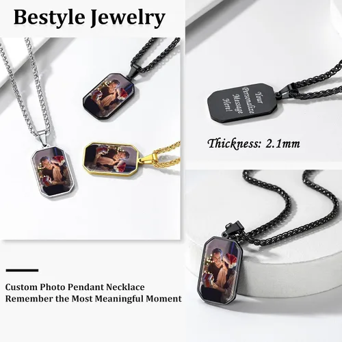 Vista 3 de Bestyle Collares de fotos personalizados (mejorados, más vívidos y claros) para hombres y mujeres, etiqueta de corazónmilitarcolgante de etiqueta