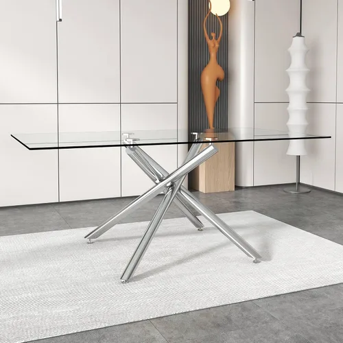 Vista 5 de Mesa de comedor rectangular de cristal minimalista grande y moderna para 4 y 8 personas con mesa de vidrio templado de 0.39 pulgadas y patas