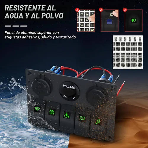Vista 3 de RVMARINEPAT - Panel de interruptores marinos impermeable de 12 voltios, 5 mandos, interruptor basculante azul con luz, con doble toma USB de 4,8 A