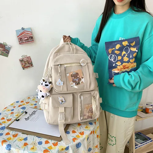 Vista 2 de Linda mochila con lindos accesorios de alfiler colgante de felpa para mochila escolar mochila estudiante niña, Beige, Grande, Mochilas de mochila