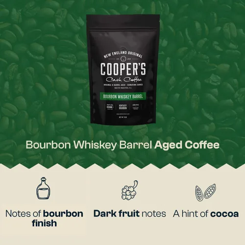 Vista 3 de Café envejecido en barril de whisky bourbon – tostado medio oscuro – Grano entero, granos colombianos envejecidos en barriles de whisky bourbon