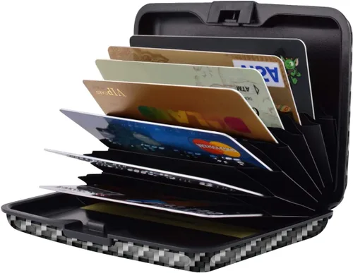 Vista 2 de Mini tarjetero para mujeres u hombres, bloqueo RFID, funda rígida para tarjetas de identificación, cartera de viaje