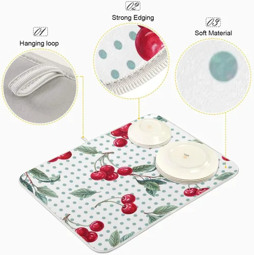 Vista 4 de Tapete de secado de platos con diseño de lunares de cereza y acuarela, para encimeras de cocina, fregaderos, tapete de secado absorbente resistente