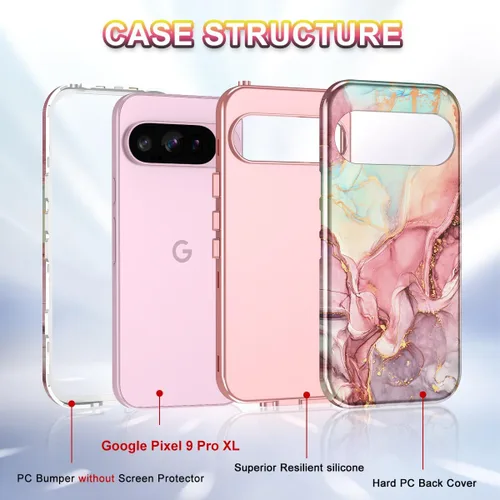 Vista 2 de Btscase Funda para Google Pixel 9 Pro XL 2024 [grado militar a prueba de golpes] elegante patrón de mármol delgado protector de 3 capas de Oro rosa