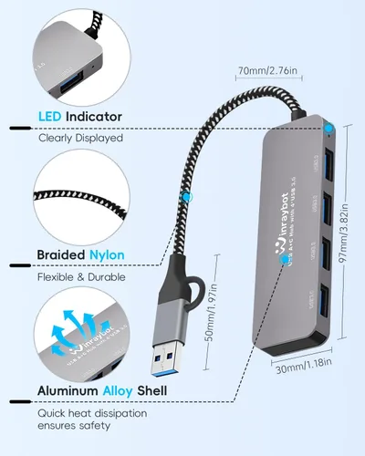 Vista 4 de Hub USB para laptop, divisor USB de 4 puertos, concentrador USB a concentrador de puerto USB 3.0, concentrador USBC de múltiples puertos, extensor