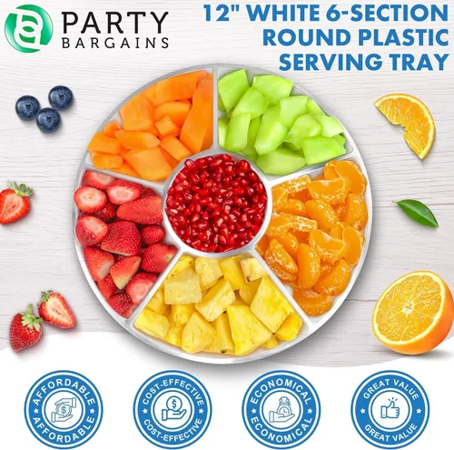 Vista 7 de PARTY BARGAINS Bandeja redonda de plástico de 12 pulgadas, 6 secciones, color blanco con borde plateado, paquete de 1