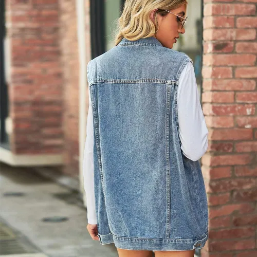Vista 3 de Chaleco de mezclilla de gran tamaño para mujer, con solapa, sin mangas, con botones, chaqueta