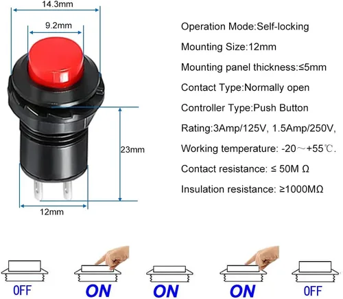 Vista 5 de Gebildet 24 interruptores de botón con pestillo de 0.472 pulgadas SPST ON/OFF AC 250V/1.5A 125V/3A, mini interruptor basculante redondo