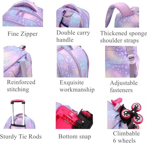 Vista 4 de EKUIZAI Colorido corazón impresión Trolley mochila escuela primaria estudiantes Rolling Bookbag lindo niñas mochila con ruedas, púrpura, Classic