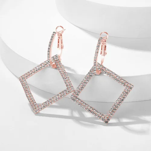 Vista 5 de KISZU Aretes de aro dorados plateados para mujer, delicados aretes colgantes cuadrados de diamantes de imitación de cristal para niñas, juego