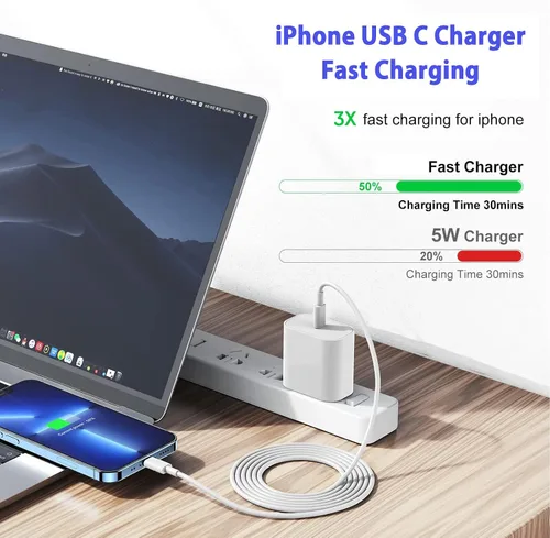 Vista 2 de Cargador rápido para iPhone de 3 metros, paquete de 2 [certificado Apple MFi] bloques de carga rápida USB C para iPhone, cargador de pared PD