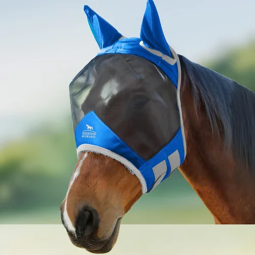 Vista 9 de Harrison Howard Máscara de mosca de caballo luminosa profesional estándar con orejas protección UV para caballo, azul y plateado, pequeño poni