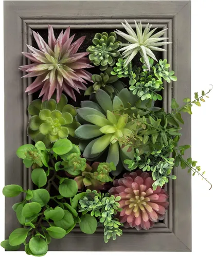 Vista 9 de Arte de pared de suculentas artificiales 3D, arreglo de flores falsas con marco floral, decoración de pared para decoración de habitación, fondo