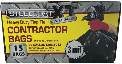 Vista 2 de Steelcoat Bolsas de basura XL para contratistas de 55 galones, extra resistentes, 3 mil, 15 unidades, color negro, fabricadas en Estados Unidos