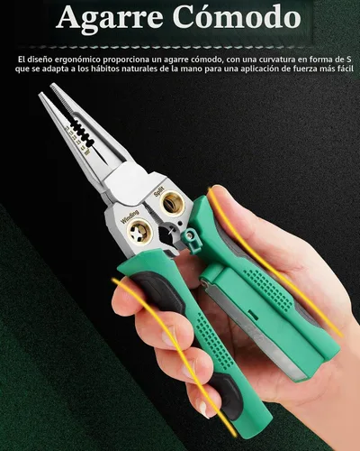 Vista 5 de Pelacables de 8 en 1, herramienta de pelado de cables con probador de voltaje, cortadores de cable con alicates, torsión, crimpadora, división