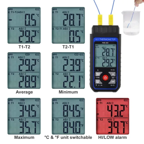 Vista 5 de Termómetro de Termopar Termómetro Digital Tipo K con 4 Termocuplas, Rango de Medición -328~2500℉ Medidor de Temperatura HVAC de Doble Canal