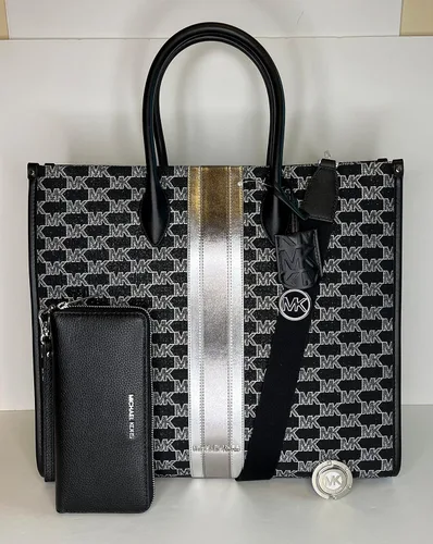 Vista 6 de Michael Kors Mirella - Bolsa de mano grande de jacquard con logotipo a rayas y gancho grande para bolso