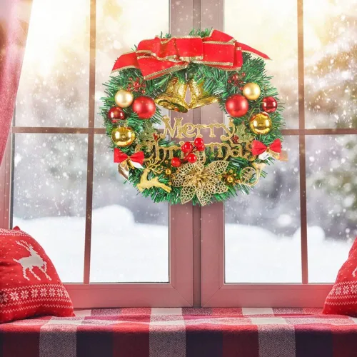 Vista 3 de Corona de Navidad artificial preiluminada, 12 pulgadas para puerta delantera, decoración de invierno de vacaciones con luces LED a