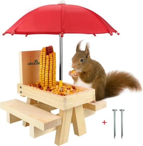 Vista 9 de MIXXIDEA Mesa de Picnic Comedero para Ardillas con Sombrilla Alta, Comederos de Madera para Ardillas para Exterior, Lindo Comedero para Ardillas
