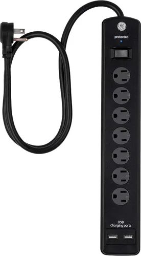 Vista 8 de GE SurGE - Tira de alimentación protectora con puertos USB, cable de extensión trenzado de 3 pies, 1780 julios, extensor de 8 tomas, 2 puertos