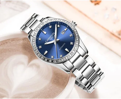 Vista 2 de Reloj mecánico automático de diamantes para mujer, acero inoxidable, zafiro impermeable, elegante reloj azul, Mecánico, cuerda automática