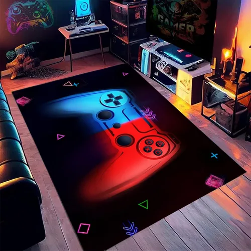Vista 2 de Alfombra de juego para decoración de sala de juegos, alfombra moderna antideslizante roja y azul fluorescente, regalo para niños, hogar, 4 x 6 pies
