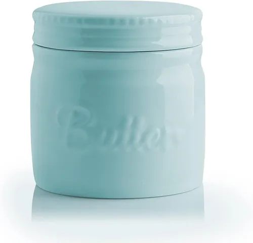Vista 9 de Sweejar Recipiente para mantequilla de porcelana, plato francés con línea de agua, recipiente cerámico para mantequilla suave (Negro)