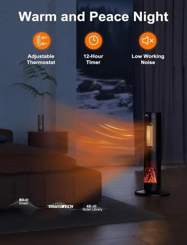 Vista 6 de TRUSTECH Calentador de espacio en torre de 26 pulgadas, calentador eléctrico de 1500 W para habitaciones grandes, termostato y 3 modos, oscilación
